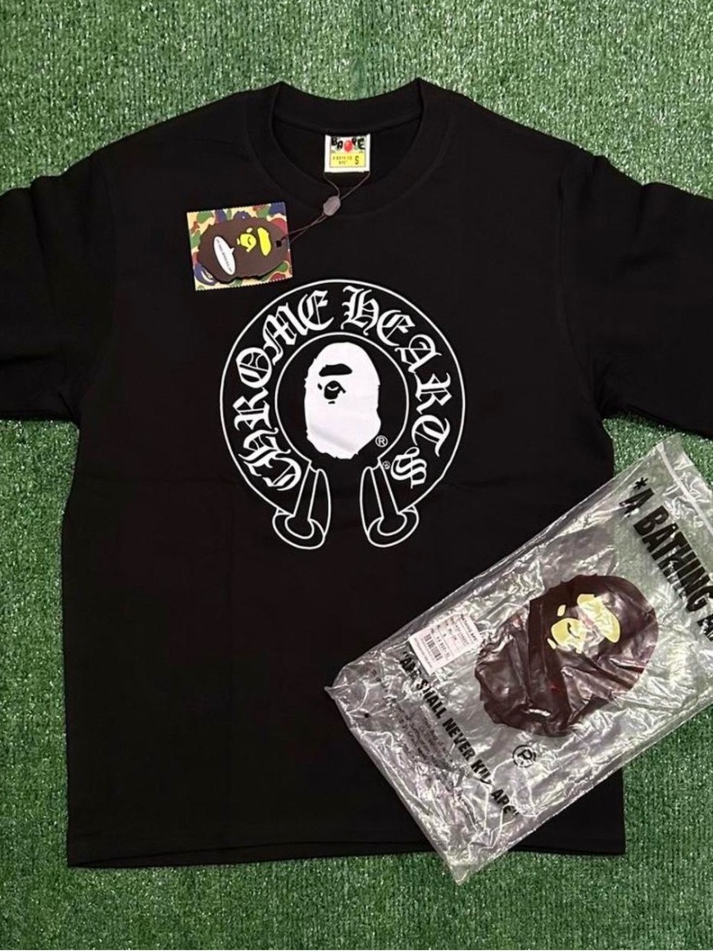 Black chrome heart bape tee